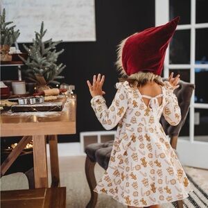 Toddler Cream Gingerbread Print Holiday Dress with Red Velvet Hat